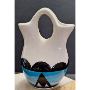 Ute Mountain Tribe Blue Black Cream Pottery Wedding Vase Signed Ruth Root 4"